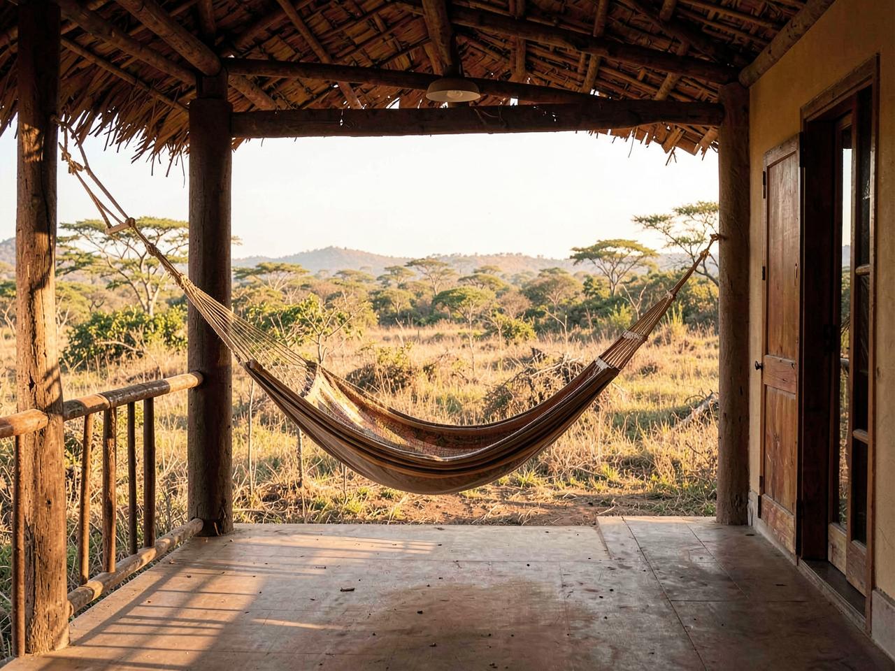 Varanda de pousada com rede e vista para o cerrado
