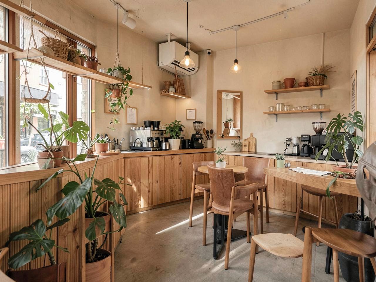 Interior de cafeteria com madeira clara, plantas e luz suave