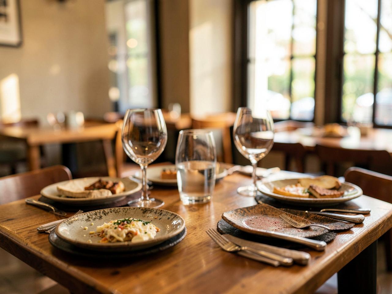 Mesa posta em restaurante com pratos rústicos e luz natural
