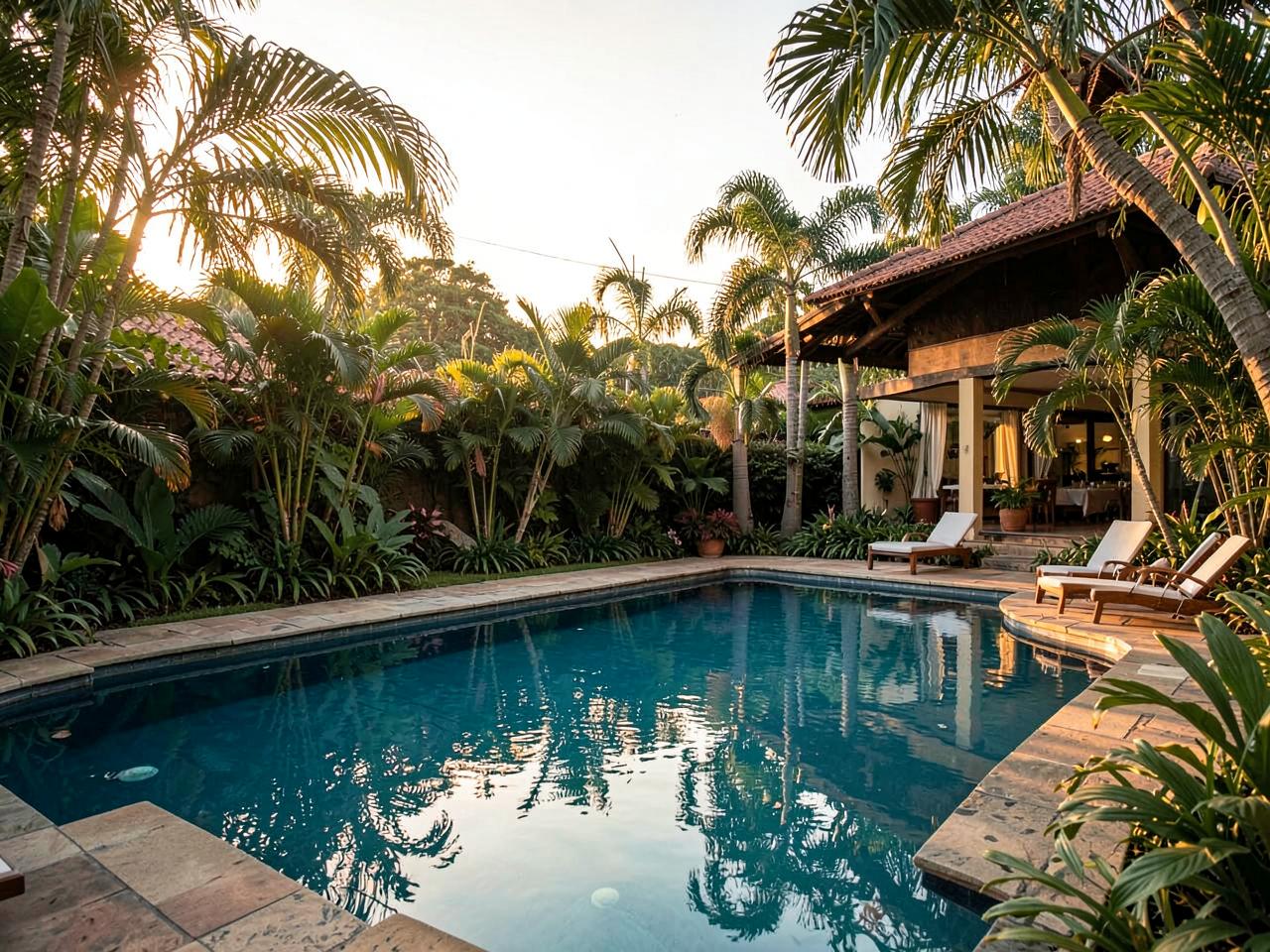 Piscina de pousada cercada por vegetação tropical ao entardecer