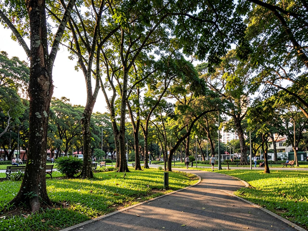 Parque arborizado com caminho de pedestres em Goiânia