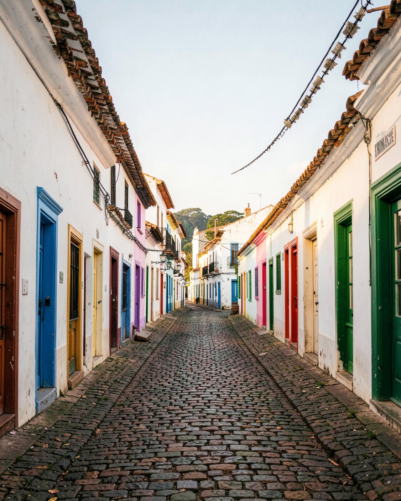 Rua de pedra com casario colonial colorido em cidade histórica goiana